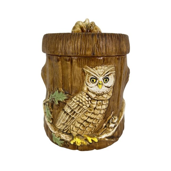 Vintage Forest Owl Cookie Jar with Acorn Top 1970s Ceramic